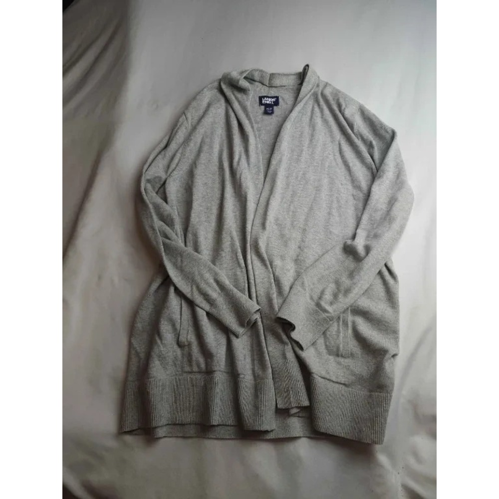 Lands' End Cardigan Sweater Womens Size PM Gray Knit Open Front Long Sleeve